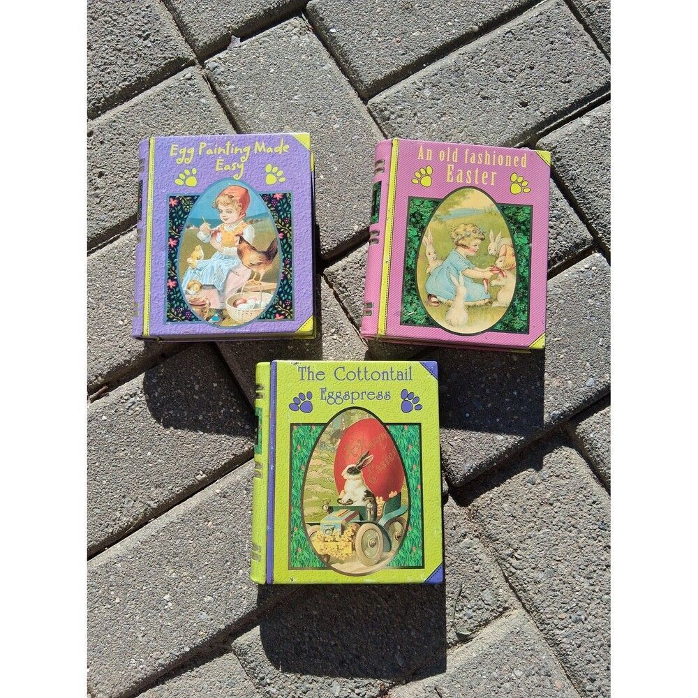 3 Collectors Tins Easter Pink Purple Green Books Vintage